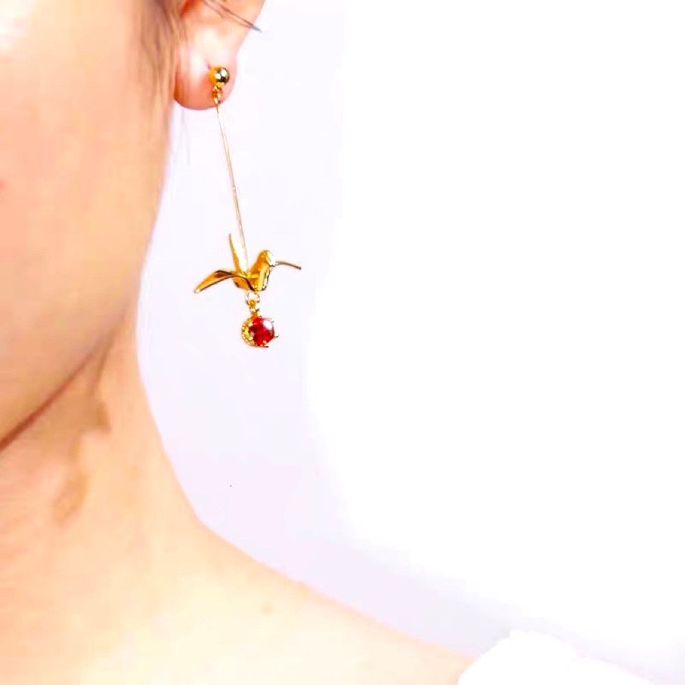 Stud Earings Paper Crane With Ruby - image 3